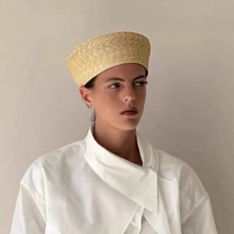Women 100% Natural Black Wheat Straw Flat Top Berets Lady French Hand Woven Beach Straw Hat Church Derby Pillbox Hat Fedoras Hat