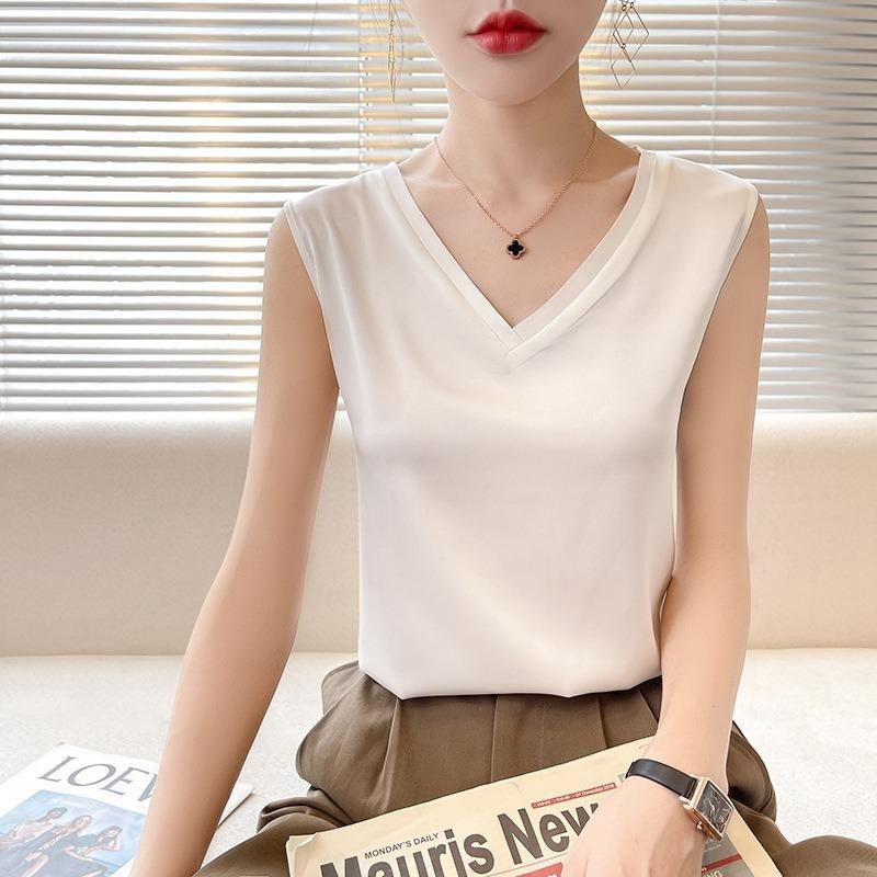 Women's Summer Vest Silk Slim V-neck Broad Shoulder Crop Inner Sleeveless Tops