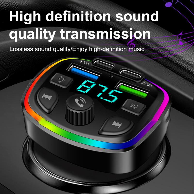 Двойное автомобильное зарядное устройство USB Type-C FM-передатчик Беспроводной MP3-плеер Музыка Карта TF USB-накопитель Aux-плеер USB-C PD Быстрая зарядка Громкая связь