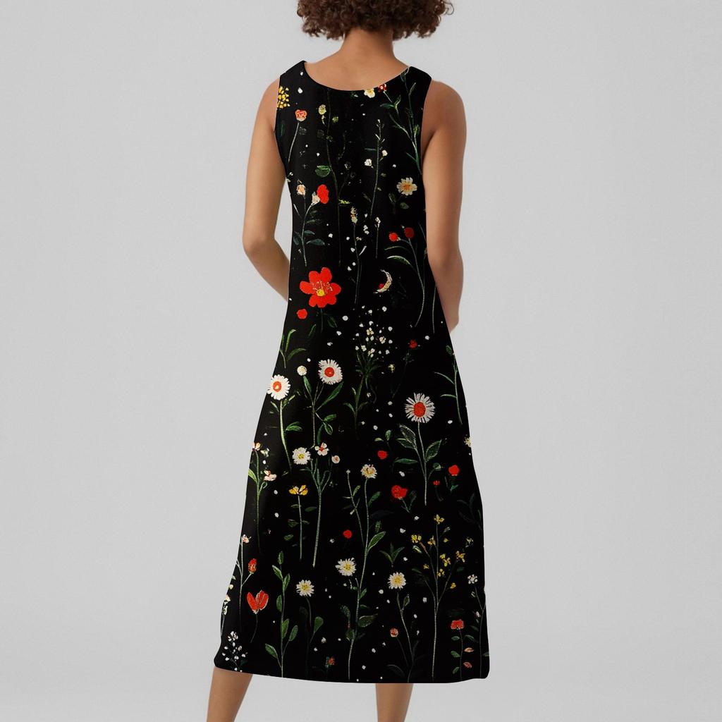 Women's Casual Long-length Sundress Summer Beach Dress Round Neck Sleeveless Loose Sundress