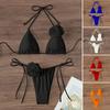 2Pcs/Set Women Bikini Set Lace-up Halter Padded Bra Swimming Trunks Set 3D Flower Decor Beach Style Swimwear