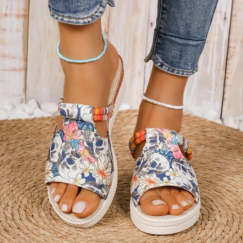 Женские сандалии с принтом черепа, цветные плетеные шлепанцы на платформе для отдыха на море, пляжные шлепанцы на танкетке для Хэллоуина