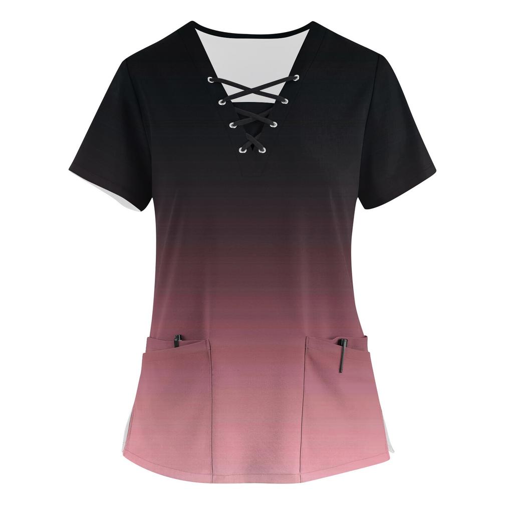 Plus Size Printed Scrub Working Uniform Tops For Women's Cross V-Neck Print Short Sleeve Fun T-Shirts Workwear Tee With Pockets