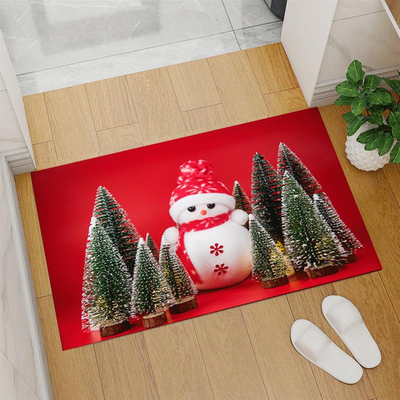 Red Coral Fleece Christmas Floor Mat with Santa Claus and Tree Design