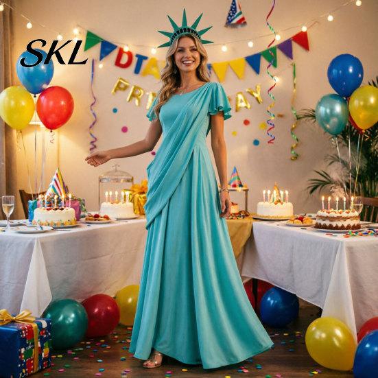 American Themed Kids Dress Statue of Liberty for Adults, Halloween Roman Women Party Costume, 4th July Patriotic Cosplay Accessory with Tiara Ruffled