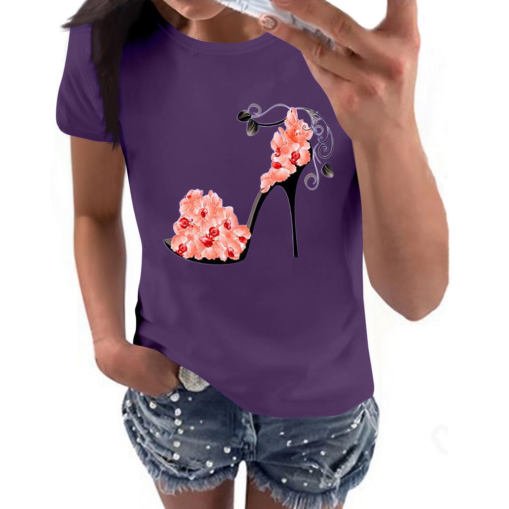 Women's Casual High Heels Floral Print Casual Short-sleeved T-shirt Pullover Round Neck Short-sleeved Top