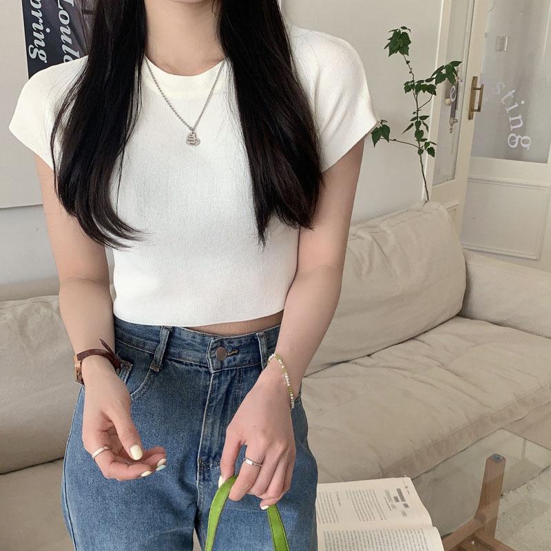 Женская летняя повседневная футболка с коротким рукавом и круглым вырезом, однотонная футболка с голым животом, укороченный топ