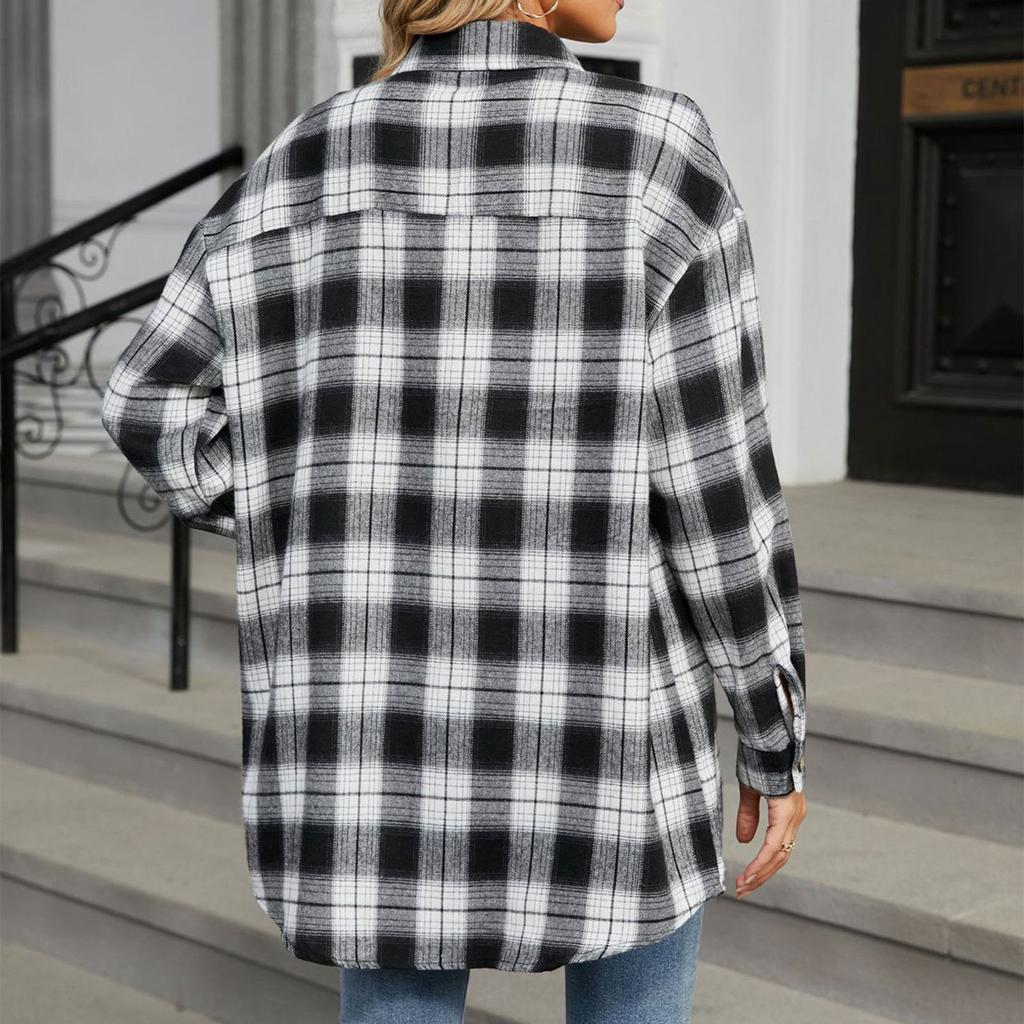 Женская модная широкая клетчатая куртка-рубашка с длинными рукавами и карманами на пуговицах