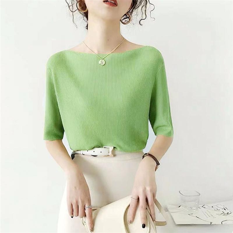 2022 летняя новая однотонная футболка с короткими рукавами, женская футболка из ледяного шелка, свободная корейская вязаная эластичная нижняя рубашка, верхняя одежда