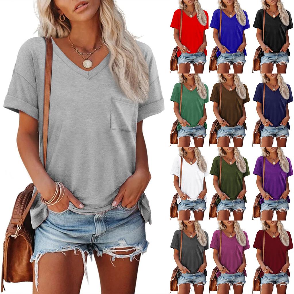 Womens T Shirts Short Sleeve V-Neck Shirts Cute Fit Summer Casual Tee Tops