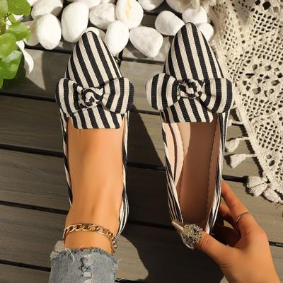 Балетки Весна Острый носок Мелкий вырез Тканевая поверхность Полосатый Бант-бабочка Мягкая подошва Нескользящие Износостойкие Одинарные туфли