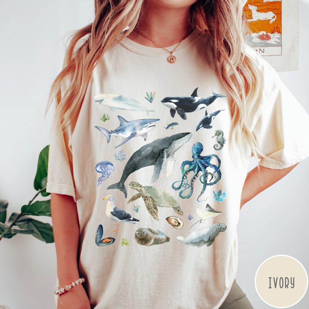 Watercolor Sea Animals Shirt, Vintage Ocean Animals Tshirt, Retro Whale Shark Orca Turtle Octopus, Graphic Unisex Comfort Colors T Shirt