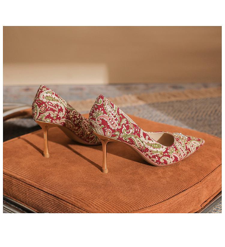 2025 Red Xiuhe Rivet High Heels for Bridal Toasting - Women's Chinese Wedding Shoes