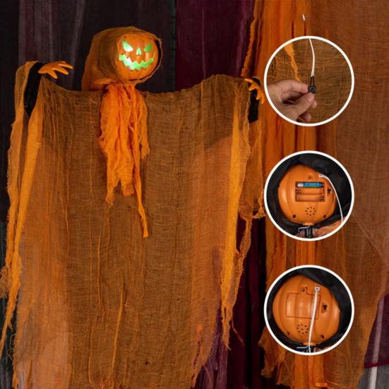 Halloween Hanging Pumpkin Ghost with Lighted Head Sound Rotating Motion Spooky Skeleton Props Outdoor Tree Porch Garden Party Decoration