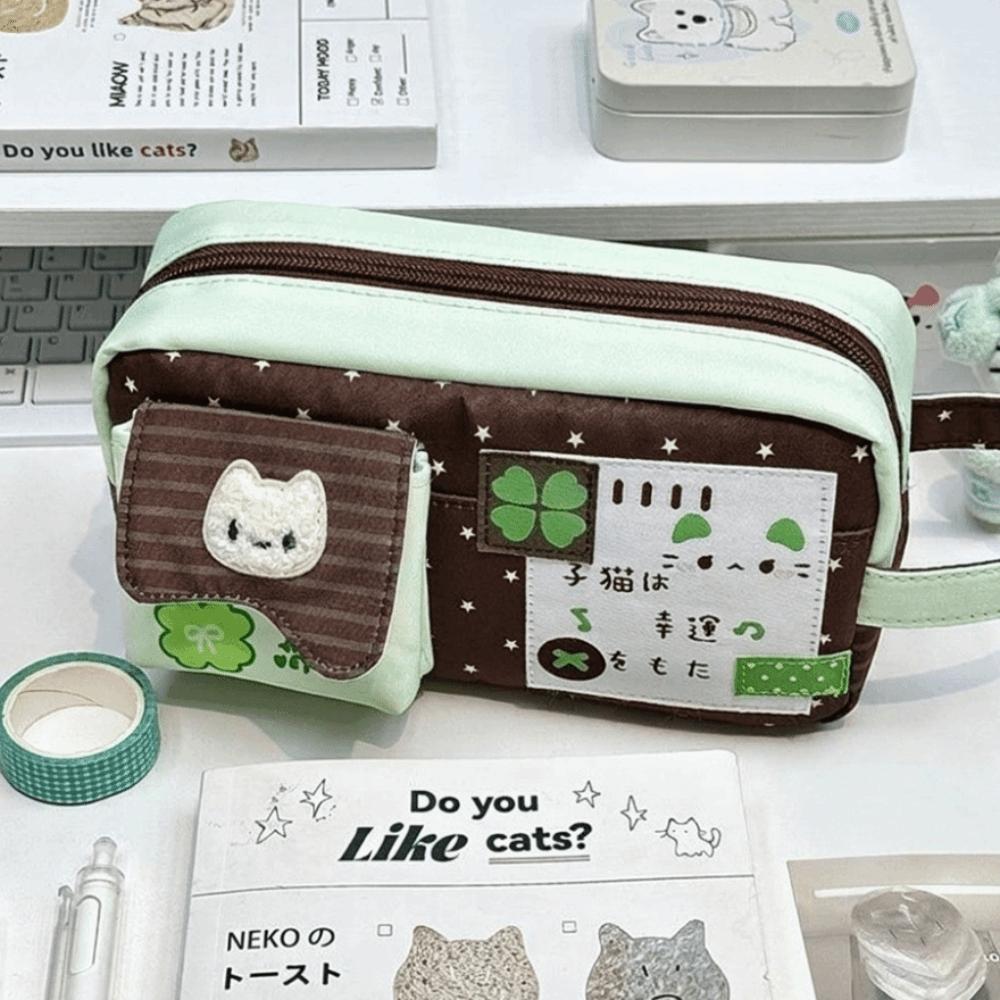 Four-Leaf Clover Print Pen Pouch Canvas Pencil Pouch Desktop Organization
