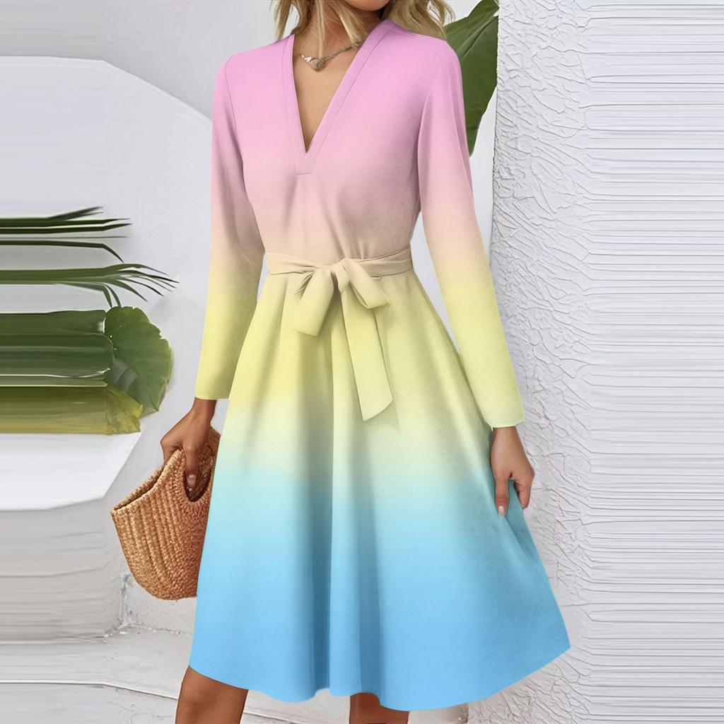 Женское модное повседневное платье миди с V-образным вырезом, длинными рукавами, приталенное, с градиентным принтом