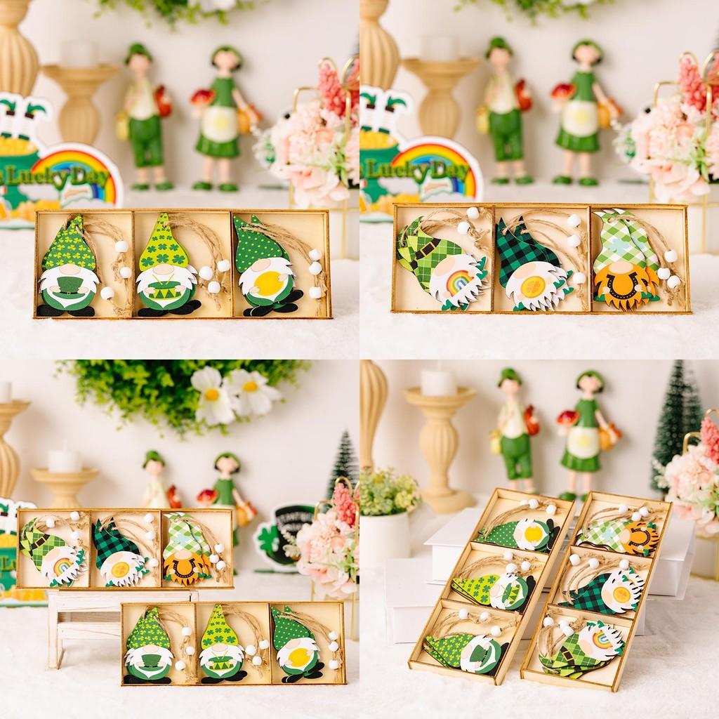 Красивая деревянная фигурка гнома на День Святого Патрика с пышными зелеными элементами листьев в трех секциях