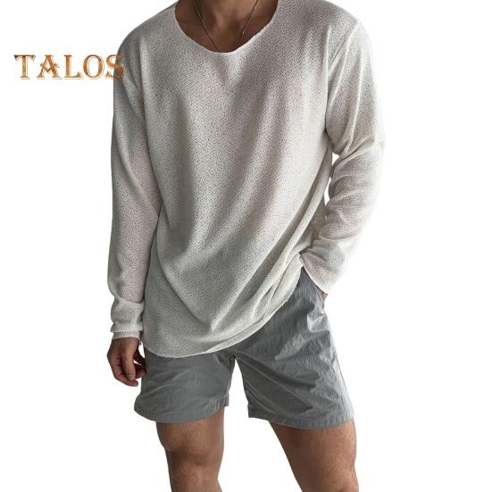 Весна Осень Мужской Топ Круглый вырез Длинные рукава Тонкий Ажурный Однотонный Свободный Пуловер Средней Длины Хип-Хоп Уличная Толстовка