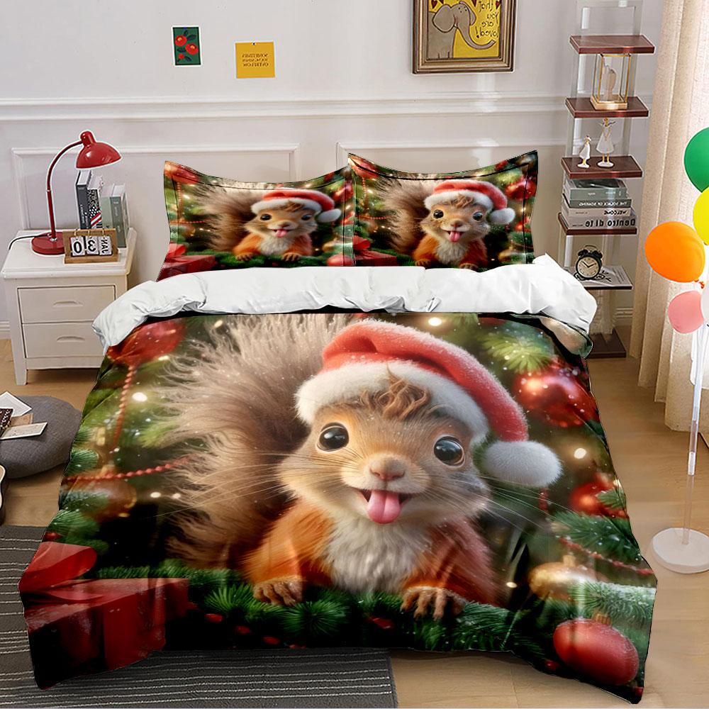 Christmas Squirrel in Santa Hat Bedding Duvet Cover Set (1*Duvet Cover 2*Pillowcases, without duvet insert)