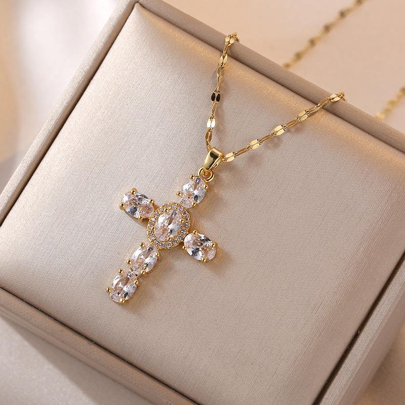 Multicolor Zircon Cross Pendant Necklace for Women Fashion Gold Color Stainless Steel Zircon Necklaces Party Jewelry Accessories