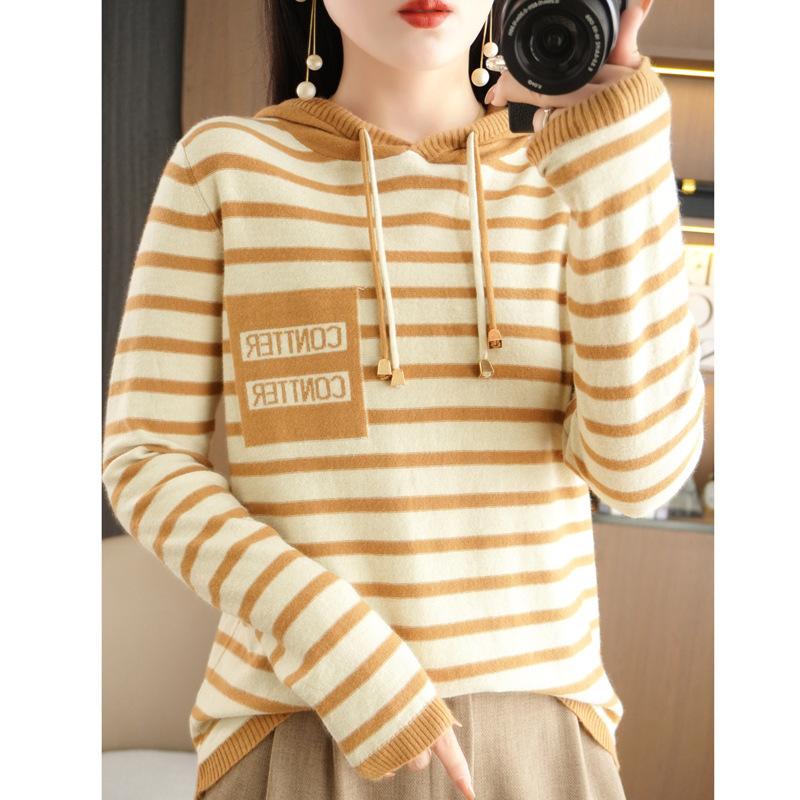 Полосатый вязаный свитер с капюшоном женский осенне-зимний новый свободный повседневный свитер в сочетании цветов носить полосатый свитер