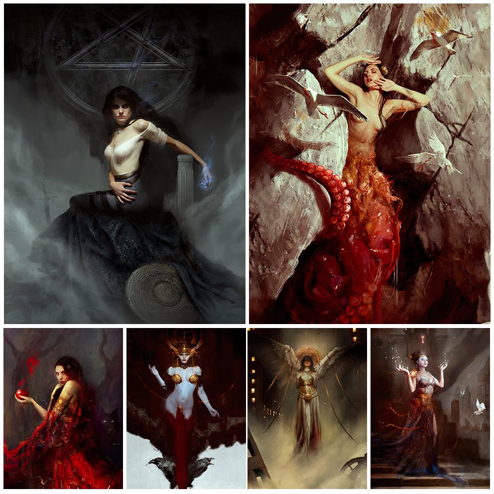 Beautiful and Charming Witch Wall Art Canvas Painting Goddess Surrealism Art Poster