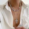 Pearl Men Necklace Heart Rhinestone Necklace Personality Cross Pendant Necklace  Women