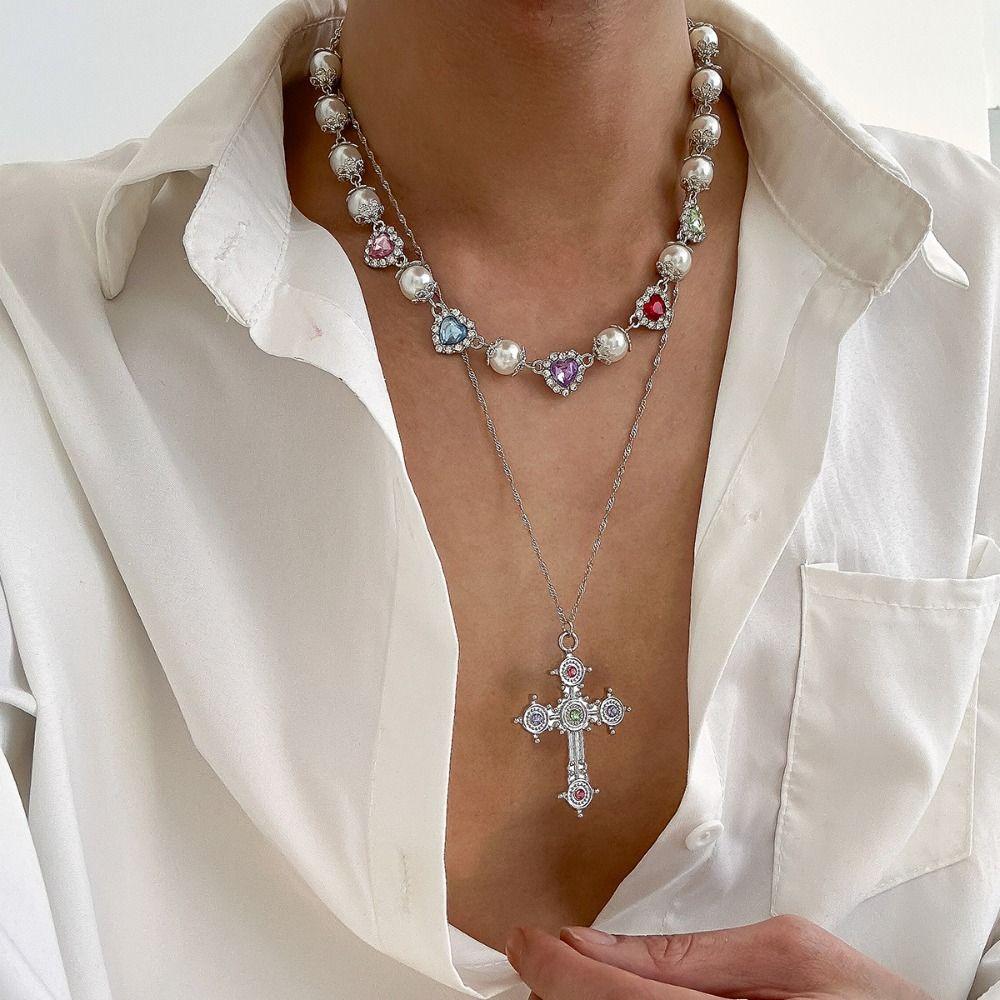 Pearl Men Necklace Heart Rhinestone Necklace Personality Cross Pendant Necklace  Women