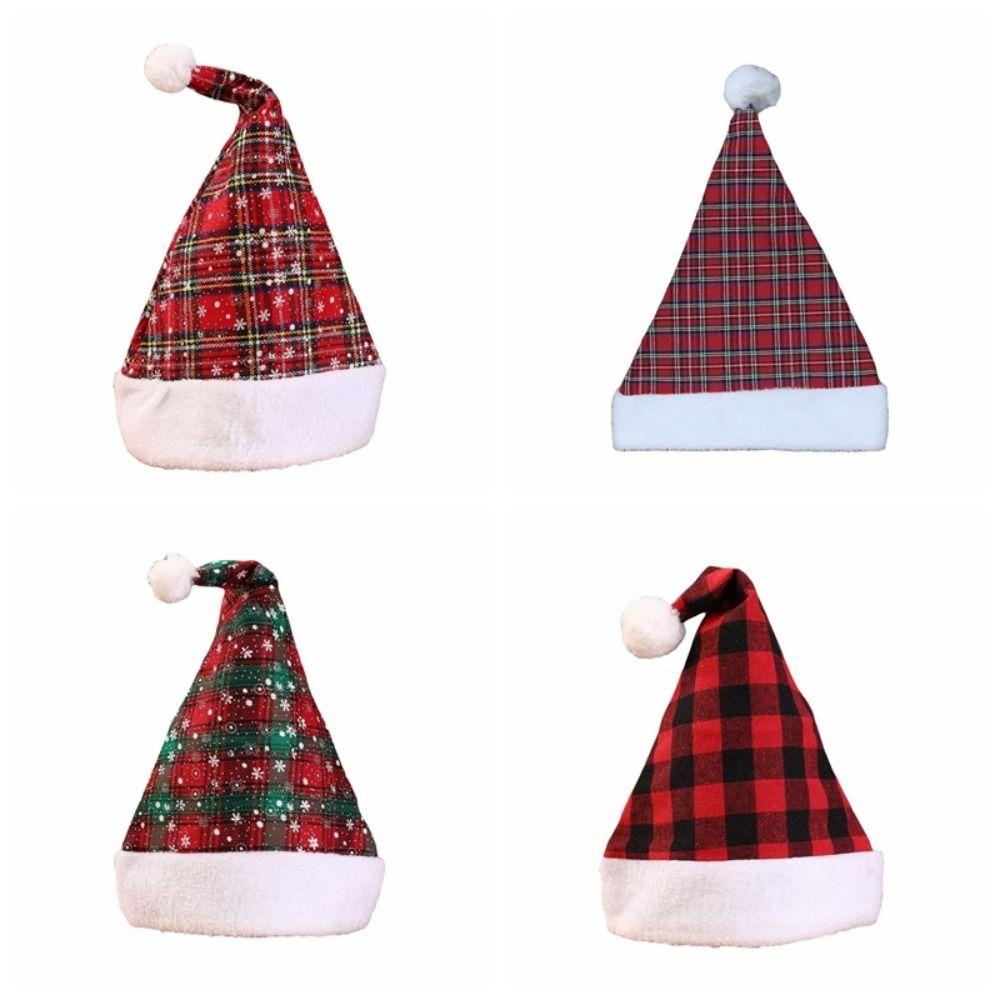 Checkerboard Fur Xmas Cap with Pompom Santa Claus Hat Cute Christmas Hat Unisex