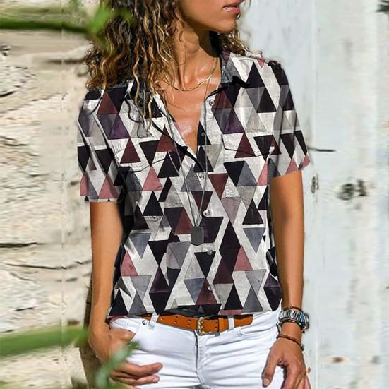 Women Short Sleeve Turn-down Collar Single-breasted Printing Casual T-shirt Blouse Streetwear