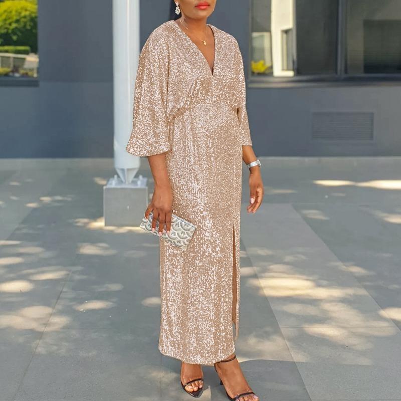 Женское свободное платье с V-образным вырезом и разрезом из пайеток, размер плюс