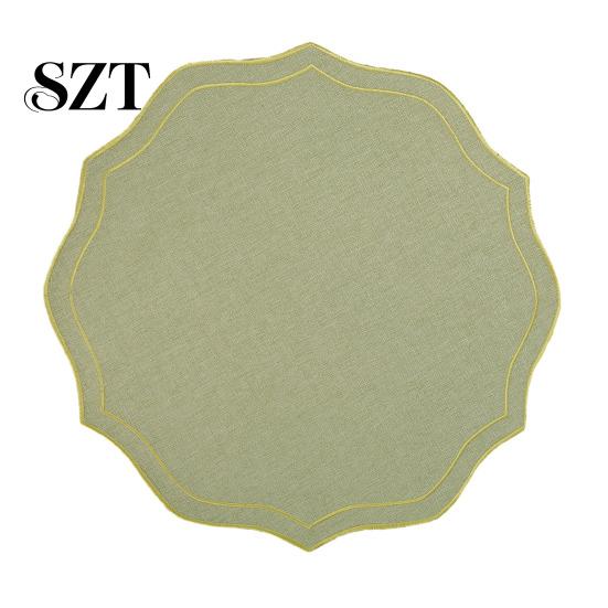 Embroidery Placemat Linen Placemats with Overlocking Dining Durable Wavy Edge Anti-Slip Table Protector for Hotel Restaurant Kitchen Non-fray