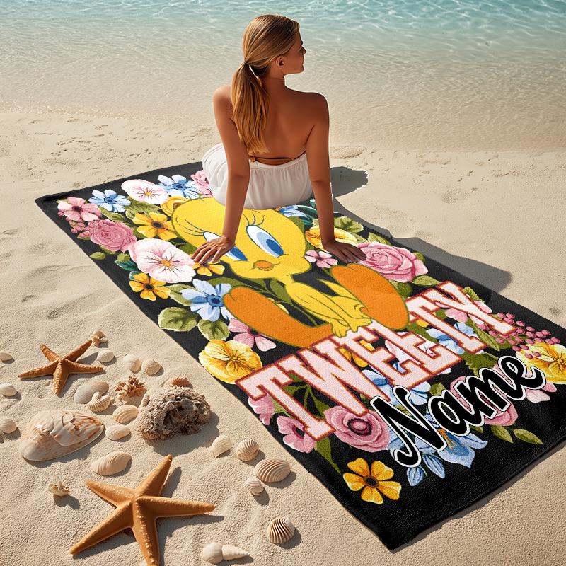 Custom Name Tweety Bird Stylish Digital Printing Beach Towel Quick‑Drying Absorbent Blanket for Beach Pool Gym Travel