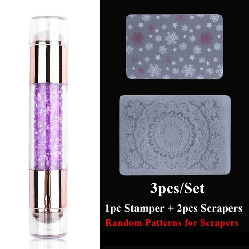 3pcs Nail Stamp Art Set Double Head Silicone Nail Stamper Crystal Handle Stamp Random Stencil Easy Stamp Set Stamp Plating Tool