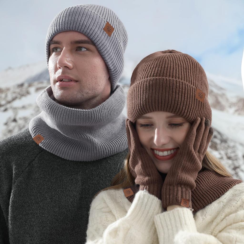 Geyanuo Вязаный шарф и перчатки Теплый Теплый и Идеальный для улицы и для мужчин и женщин Набор из 3 предметов Шапка, Шарф, Набор, Подкладка из флиса, Мягкий, Пеший туризм, Лыжи,