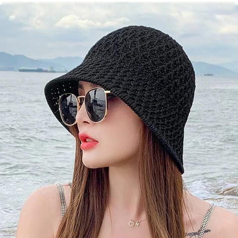 Solid Color Braid Bucket Hat For Women Summer Hollow Out Breathable Beach Hat Knit Dome Fisherman Caps Lady Sunshade Panama Cap