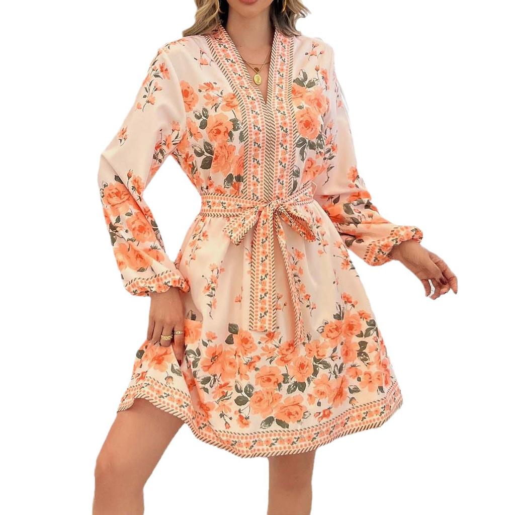 Весенние женские платья с V-образным вырезом и цветочным принтом, длинные рукава, завязки