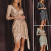 Lady Dress Neck Long Sleeve Shiny Sequin Plus Size Belted Tight Waist Irregular Sexy Hem Solid Color Soft Breathable