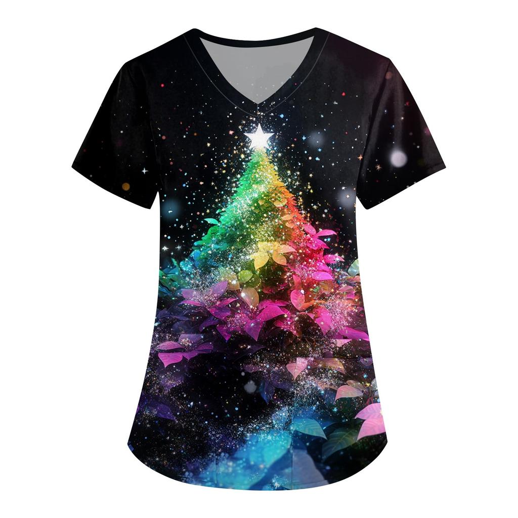 Women's Cute Printed Work Clothes V-neck Double Layer Pockets Basic Short Sleeve Top Pullover Christmas