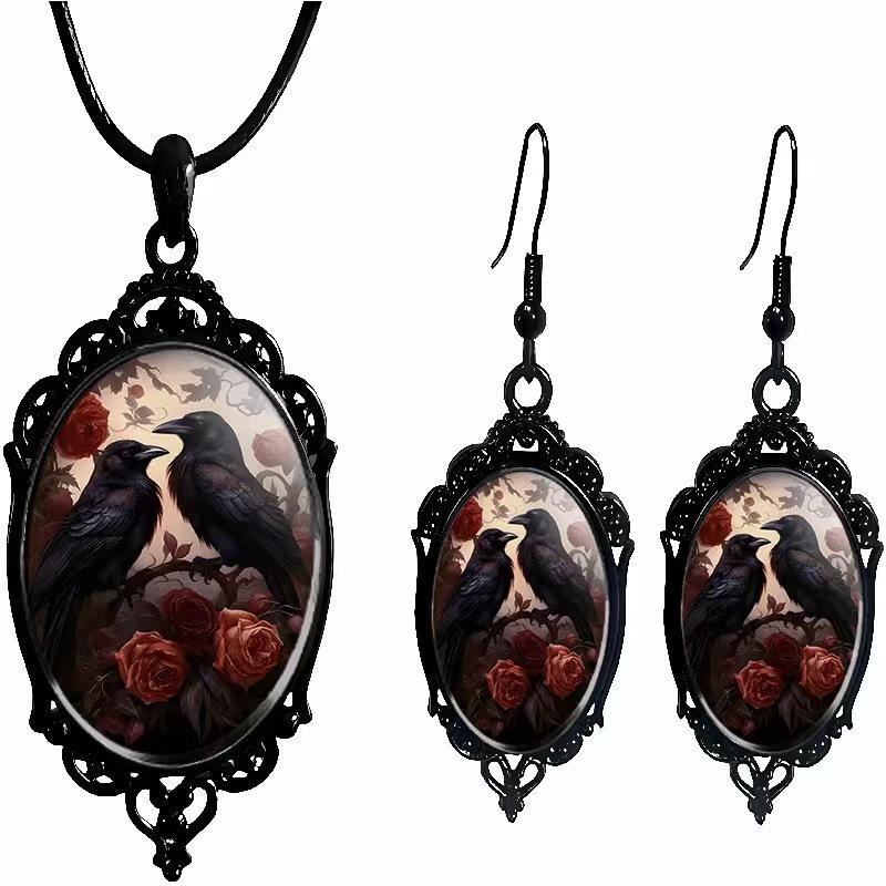 Gothic Crow and Skull Pattern Necklace Earrings Pendant Set