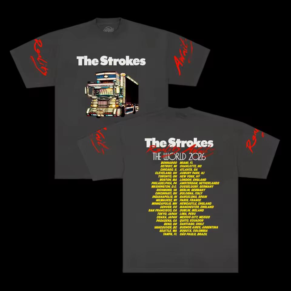The Strokes Reality Awaits Тур по Северной Америке 2026 Двусторонняя футболка с принтом Мерч с концерта инди-рока Унисекс Повседневная с коротким рукавом