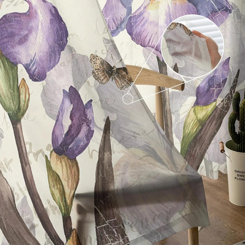 Vintage Iris Butterfly Rustic Sheer Curtains For Living Room Bedroom Tulle Curtain For Kitchen Voile Curtain Blind Panels