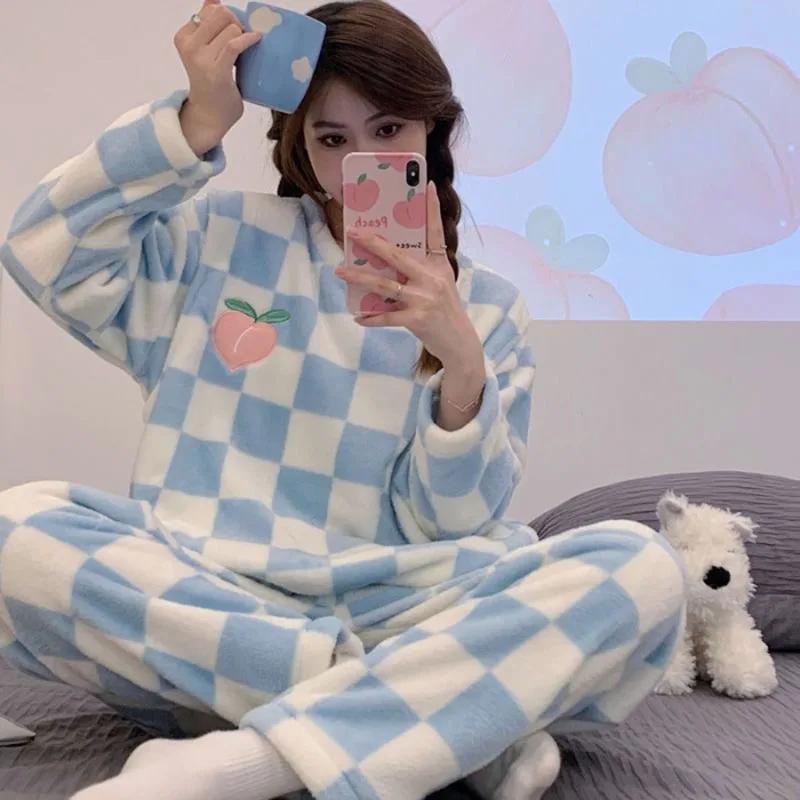 Thickened Warm Flannel Plus Size Lady Pajamas Set Long Sleeves Fall and Winter Sleepwear Women's Cartoon Bear Plaid Home Wear