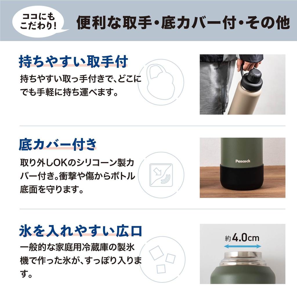 Термос Peacock, промышленная бутылка для воды Peacock, газированная, бежевая, 1 л, для холодного хранения, прямого питья, спортивный термос с ручкой, Калифорния (Павлин)