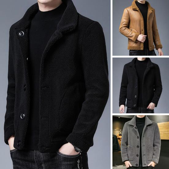 Men Jacket Lapel Long Sleeve Single Breasted Coat with Pockets Solid Color Reversible Design Polar Fleece Faux Leather Outwear