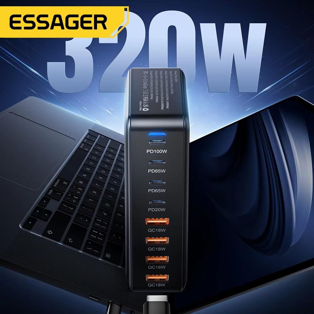 Essager 320 Вт GaN Fast Desktop 8-портовое USB Type C PD зарядное устройство Быстрая зарядка для iPhone 16 15 14 13 Huawei Samsung Xiaomi Laptop iPad