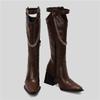 Winter Women Western Knee High Boots Yellow Brown Croc Block Heels Club Party Square Toe Vintage Buckle Chain Lady Cowboy Boots