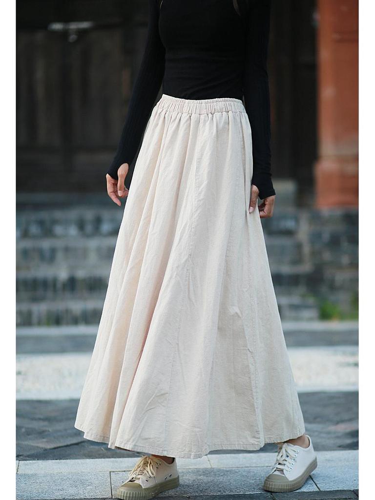 Retro Literary Burnout Cotton Linen Elastic Waist Midi Skirt - Autumn/Winter