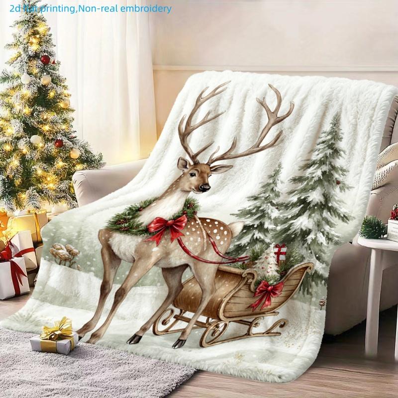 1pc Christmas Reindeer Snow Scene Printed Blanket, Festive Atmosphere, Multiple Sizes Available, Suitable for Living Room, Bedroom, Study, Office, Bal