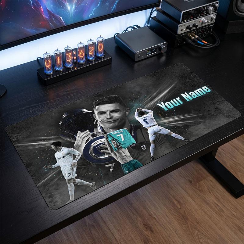 Cristiano Ronaldo Custom Large Mouse Pad, Personalized Name Text Print, Football Logo Non‑Slip Desk Mat Gaming Gift